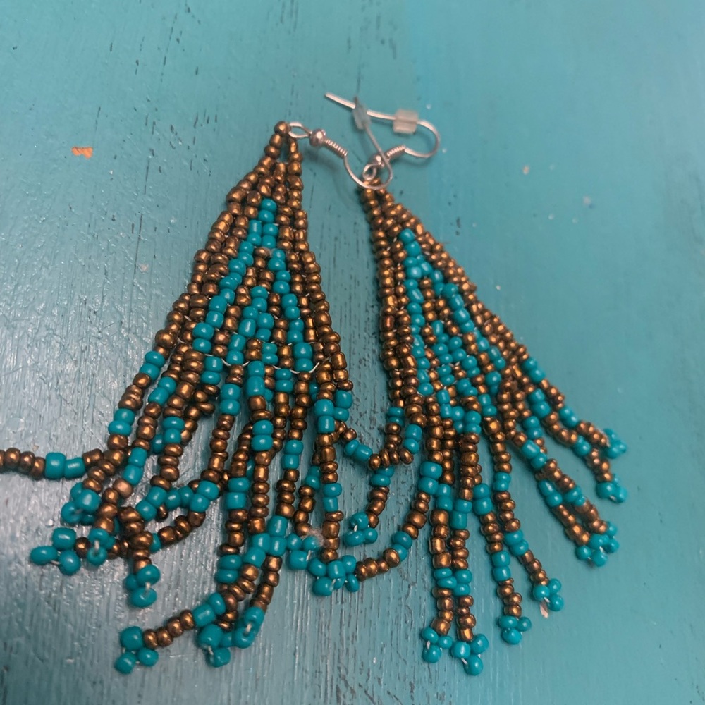 Turquoise and bronze seed bead earrings